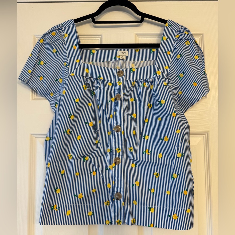 J.Crew vertical blue and white stripe lemon blouse